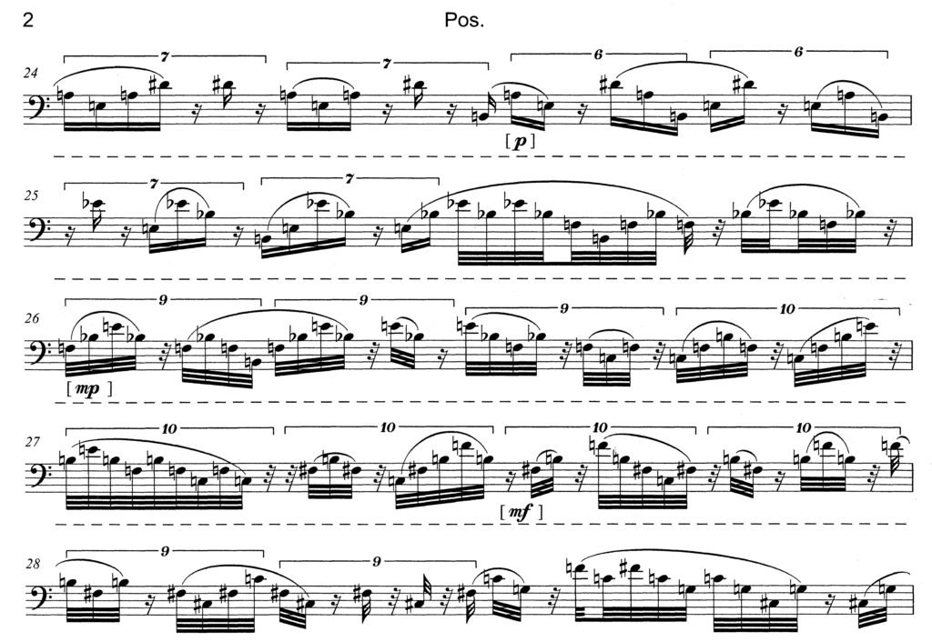 Excerpt from page two of the trombone part to "Remix" by Georg Friedrich Haas.